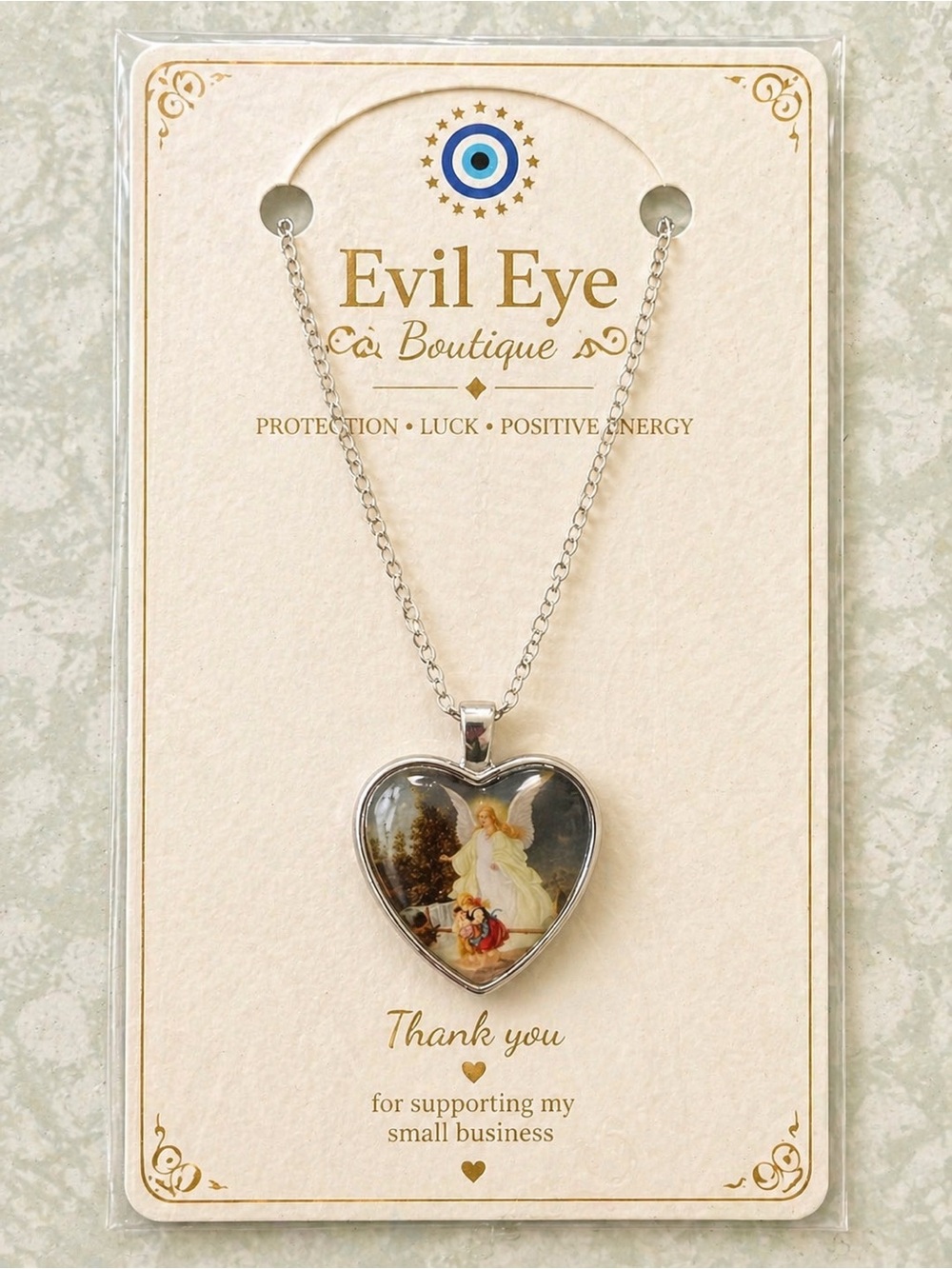Silver Heart Guardian Angel Pendant Necklace - Cream/Gold Accent